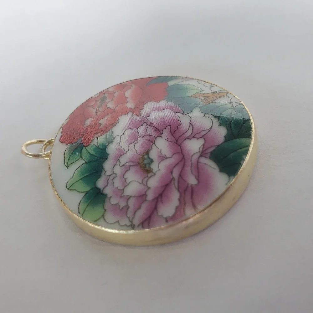Vintage Transferware Porcelain Floral Pendant Round Peony Pink & Red Peonies